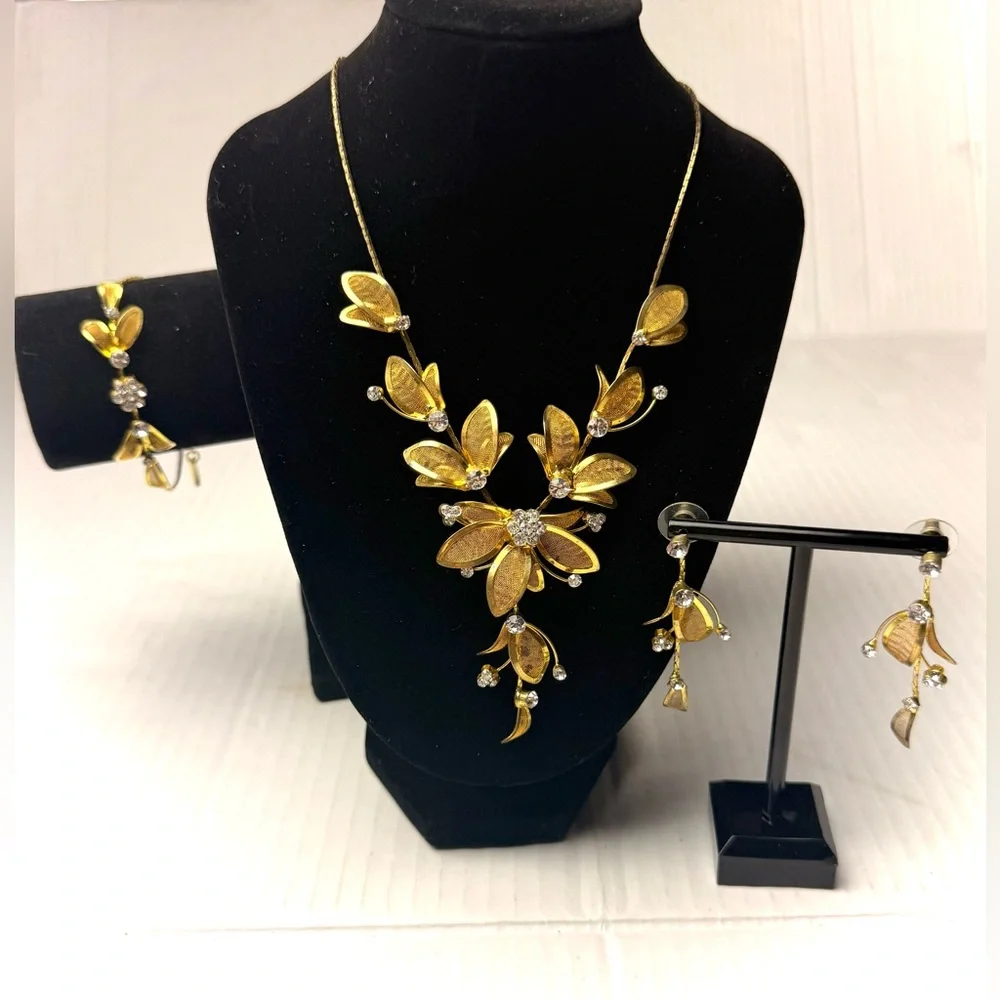 Vintage Fine Mesh Dainty Flower Necklace Crystal Rhinestone Earrings‎ Bracelet